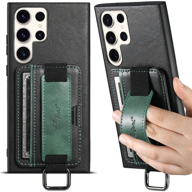SUTENI H13 For Samsung Galaxy S23 Ultra Card Holder Phone Cover Leather Coated PC+TPU Shell Kickstand Case with Hand Strap - Black