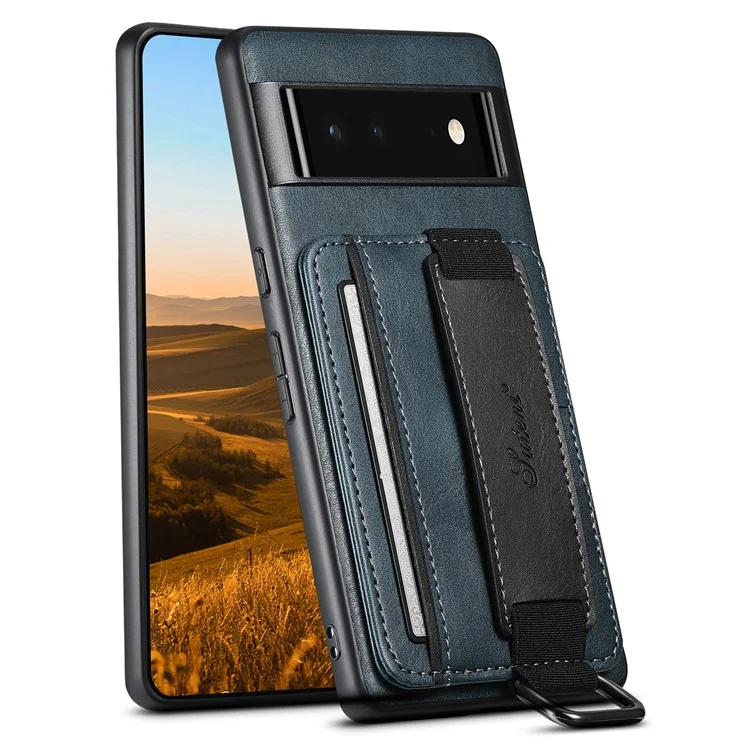 SUTENI H13 For Google Pixel 6 Kickstand Shell, Leather Coated PC+TPU Case Card Holder Phone Cover with Hand Strap - Blue