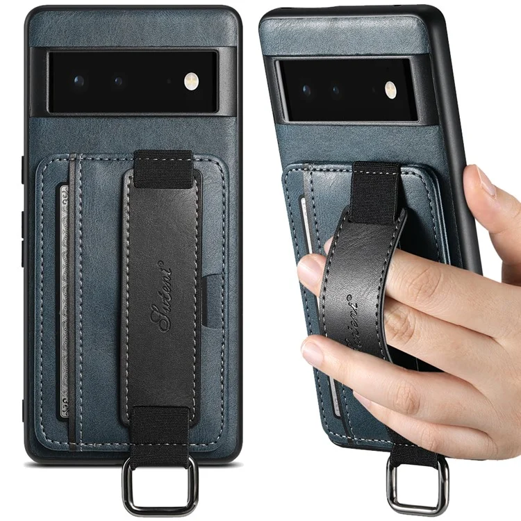 SUTENI H13 For Google Pixel 6 Kickstand Shell, Leather Coated PC+TPU Case Card Holder Phone Cover with Hand Strap - Blue