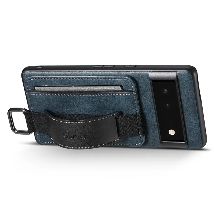 SUTENI H13 Kickstand Shell for Google Pixel 6a Leather Coated PC+TPU Back Case Card Holder Phone Cover with Hand Strap - Blue