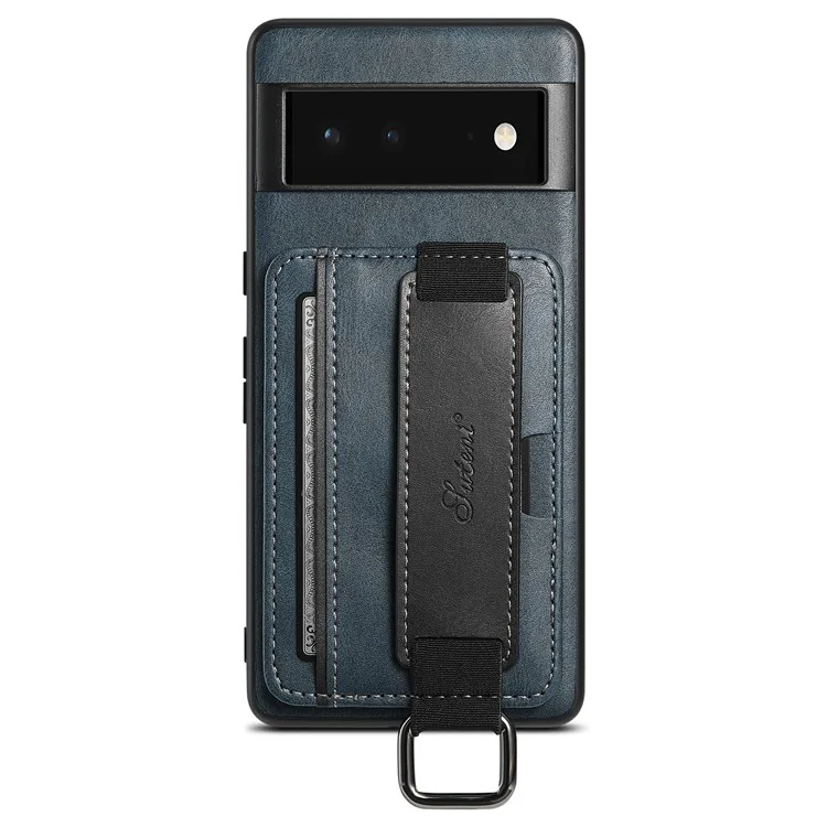 SUTENI H13 Kickstand Shell for Google Pixel 6a Leather Coated PC+TPU Back Case Card Holder Phone Cover with Hand Strap - Blue