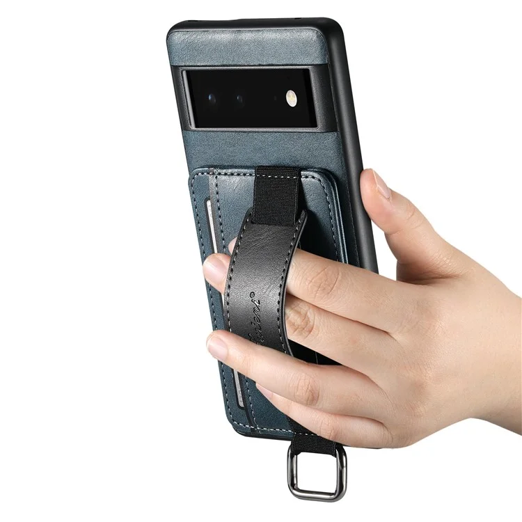 SUTENI H13 Kickstand Shell for Google Pixel 6a Leather Coated PC+TPU Back Case Card Holder Phone Cover with Hand Strap - Blue