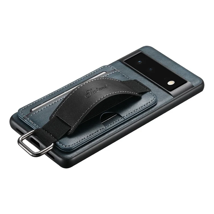 SUTENI H13 Kickstand Shell for Google Pixel 6a Leather Coated PC+TPU Back Case Card Holder Phone Cover with Hand Strap - Blue