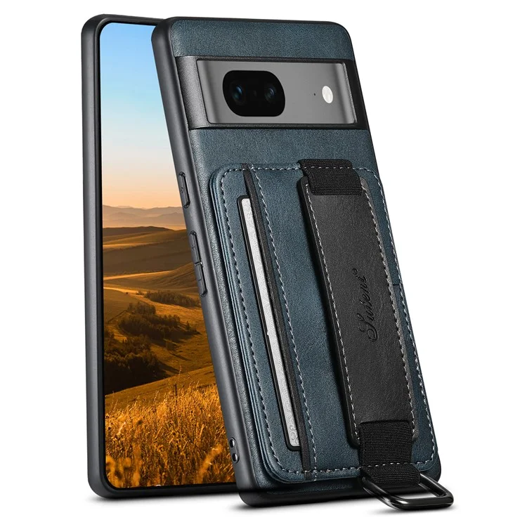 SUTENI H13 Für Google Pixel 7 5G Lederbeschichteter PC+TPU-Rückendeckel, Ständer-Kartenfach, Telefonabdeckung mit Handschlaufe - Blau