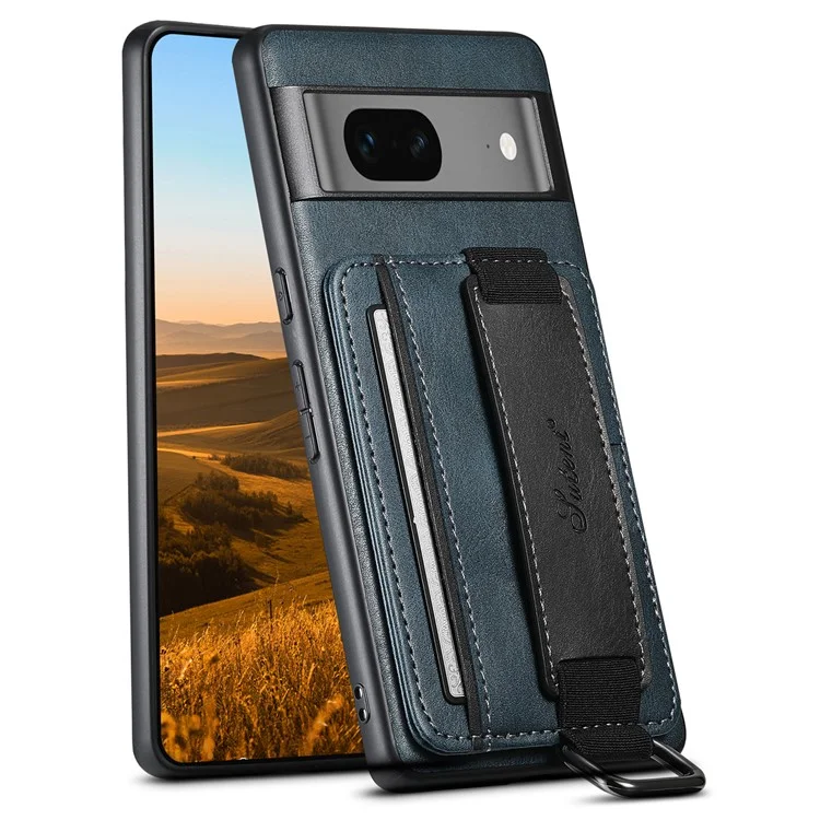 SUTENI H13 Leather Coated PC+TPU Case for Google Pixel 7a , Kickstand Card Holder Phone Back Cover with Hand Strap - Blue