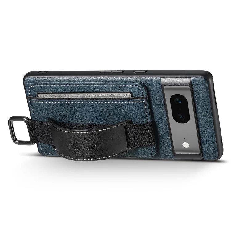 SUTENI H13 Leather Coated PC+TPU Case for Google Pixel 7a , Kickstand Card Holder Phone Back Cover with Hand Strap - Blue