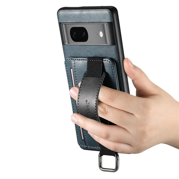 SUTENI H13 Leather Coated PC+TPU Case for Google Pixel 7a , Kickstand Card Holder Phone Back Cover with Hand Strap - Blue