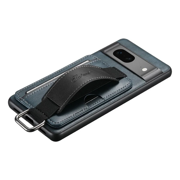 SUTENI H13 Leather Coated PC+TPU Case for Google Pixel 7a , Kickstand Card Holder Phone Back Cover with Hand Strap - Blue