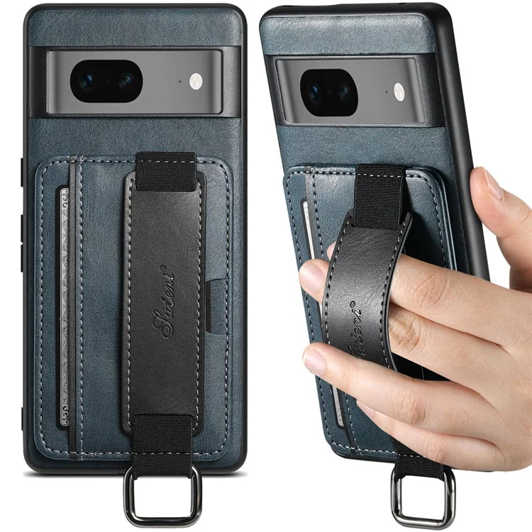 SUTENI H13 Leather Coated PC+TPU Case for Google Pixel 7a , Kickstand Card Holder Phone Back Cover with Hand Strap - Blue