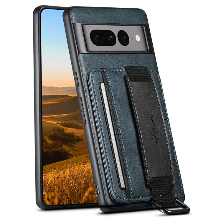 SUTENI H13 Kickstand Back Case for Google Pixel 7 Pro 5G with Hand Strap, Leather Coated PC+TPU Card Holder Phone Cover - Blue