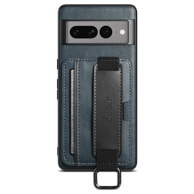 SUTENI H13 Kickstand Back Case for Google Pixel 7 Pro 5G with Hand Strap, Leather Coated PC+TPU Card Holder Phone Cover - Blue