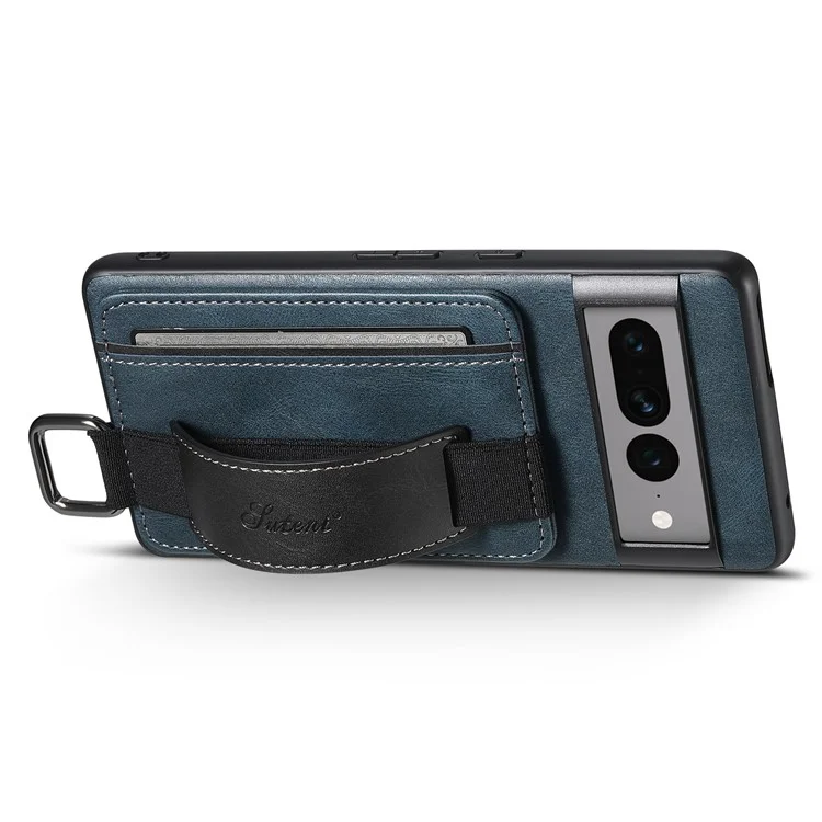 SUTENI H13 Kickstand Back Case for Google Pixel 7 Pro 5G with Hand Strap, Leather Coated PC+TPU Card Holder Phone Cover - Blue