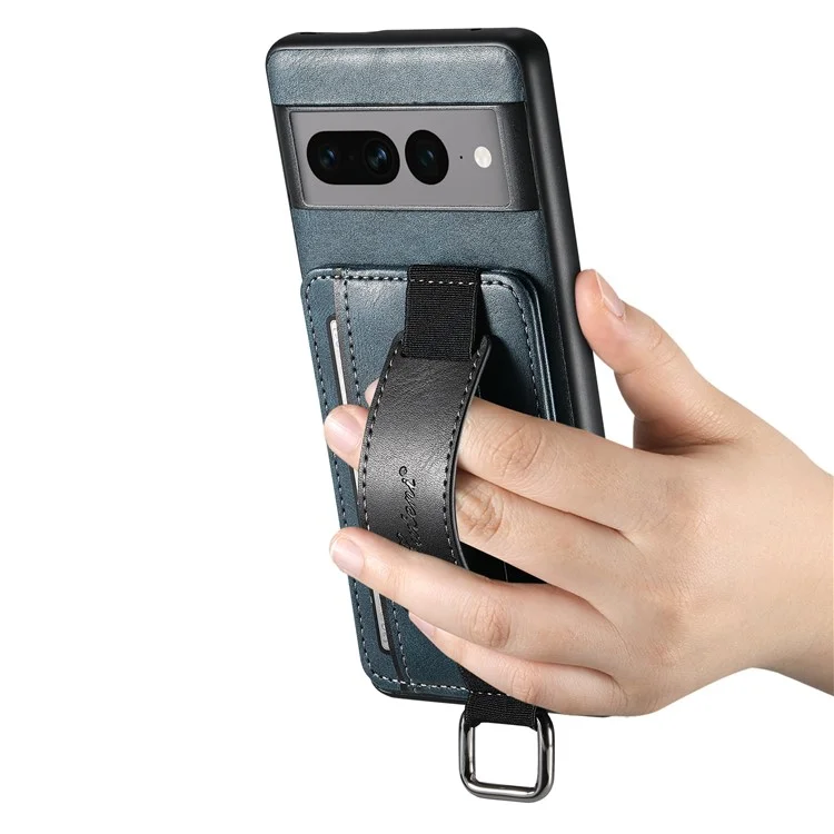 SUTENI H13 Kickstand Back Case for Google Pixel 7 Pro 5G with Hand Strap, Leather Coated PC+TPU Card Holder Phone Cover - Blue