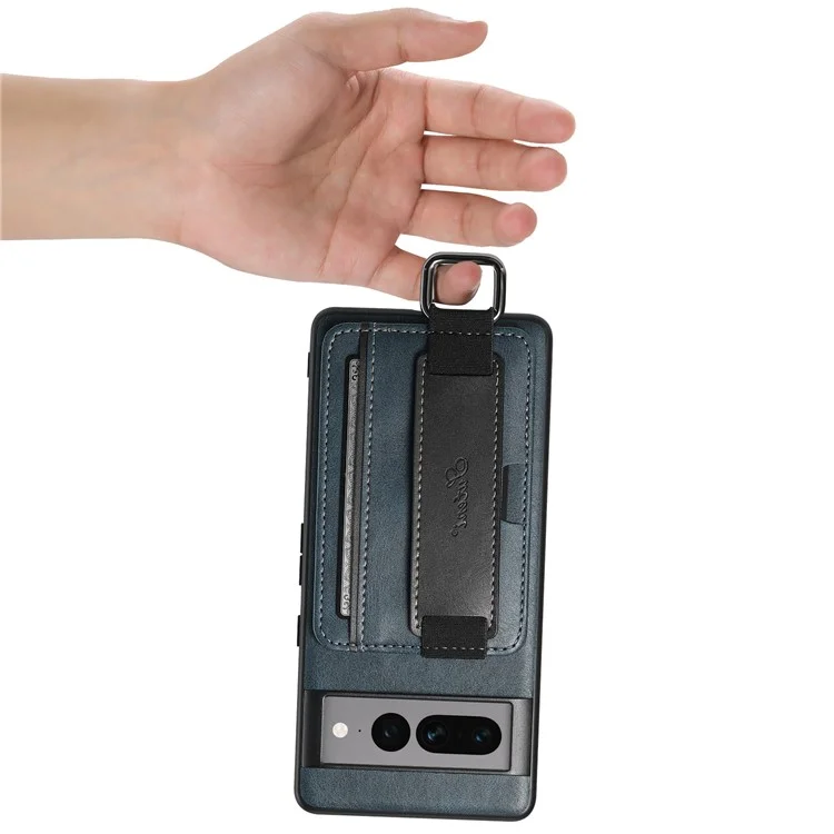 SUTENI H13 Kickstand Back Case for Google Pixel 7 Pro 5G with Hand Strap, Leather Coated PC+TPU Card Holder Phone Cover - Blue