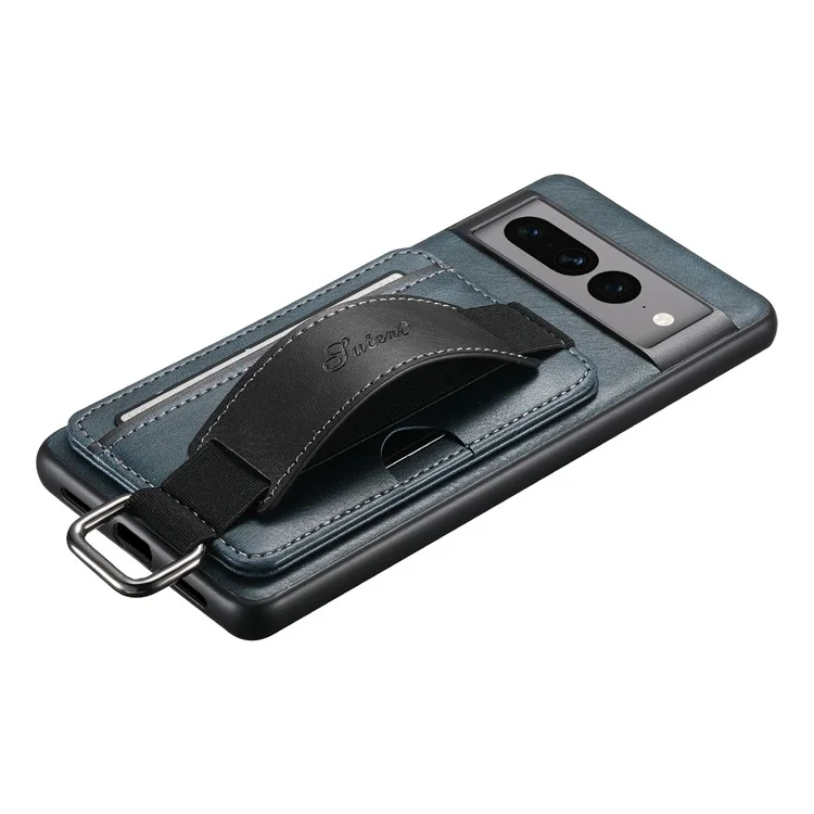 SUTENI H13 Kickstand Back Case for Google Pixel 7 Pro 5G with Hand Strap, Leather Coated PC+TPU Card Holder Phone Cover - Blue