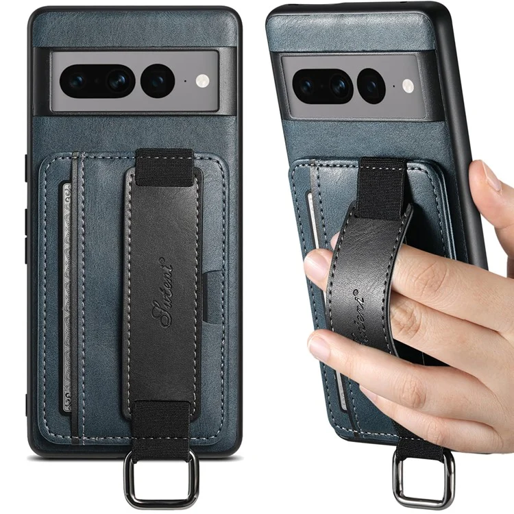 SUTENI H13 Kickstand Back Case for Google Pixel 7 Pro 5G with Hand Strap, Leather Coated PC+TPU Card Holder Phone Cover - Blue