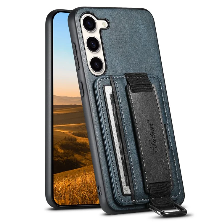 SUTENI H13 Kickstand Back Case für Samsung Galaxy S23 mit Handschlaufe, Kartenfach Leder beschichteter PC+TPU Telefonhülle - Blau
