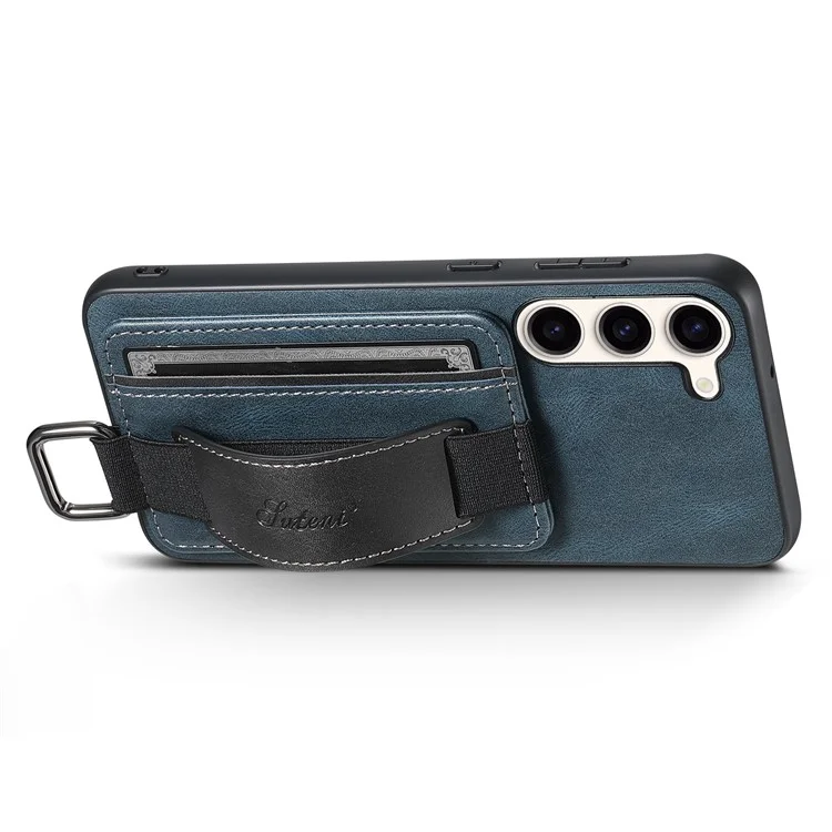 SUTENI H13 Kickstand Back Case für Samsung Galaxy S23 mit Handschlaufe, Kartenfach Leder beschichteter PC+TPU Telefonhülle - Blau