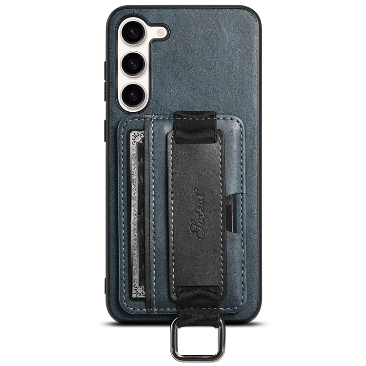 SUTENI H13 Kickstand Back Case für Samsung Galaxy S23 mit Handschlaufe, Kartenfach Leder beschichteter PC+TPU Telefonhülle - Blau