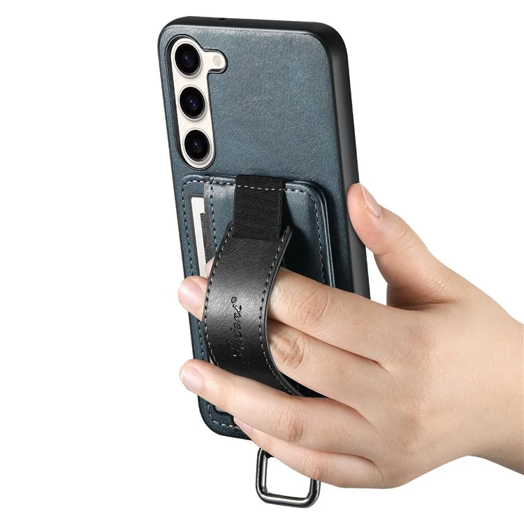 SUTENI H13 Kickstand Back Case für Samsung Galaxy S23 mit Handschlaufe, Kartenfach Leder beschichteter PC+TPU Telefonhülle - Blau