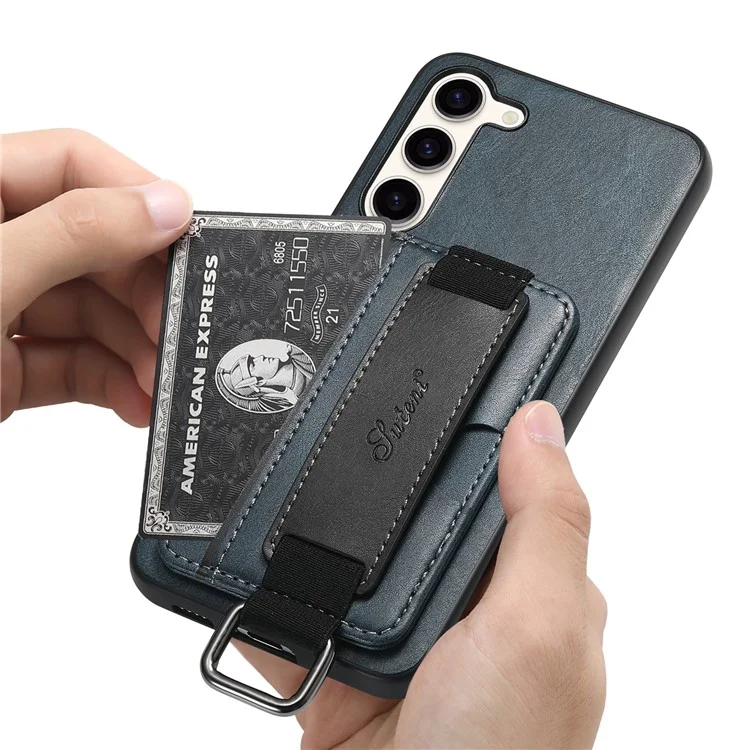 SUTENI H13 Kickstand Back Case für Samsung Galaxy S23 mit Handschlaufe, Kartenfach Leder beschichteter PC+TPU Telefonhülle - Blau