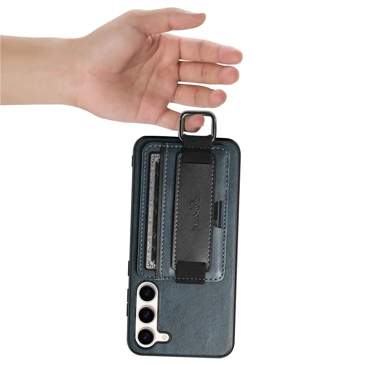 SUTENI H13 Kickstand Back Case für Samsung Galaxy S23 mit Handschlaufe, Kartenfach Leder beschichteter PC+TPU Telefonhülle - Blau