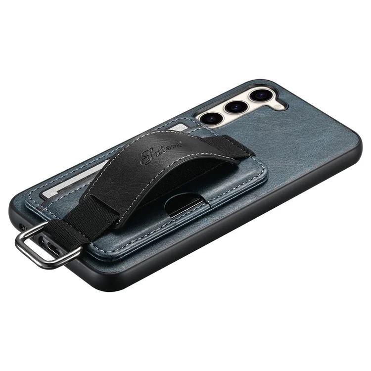 SUTENI H13 Kickstand Back Case für Samsung Galaxy S23 mit Handschlaufe, Kartenfach Leder beschichteter PC+TPU Telefonhülle - Blau