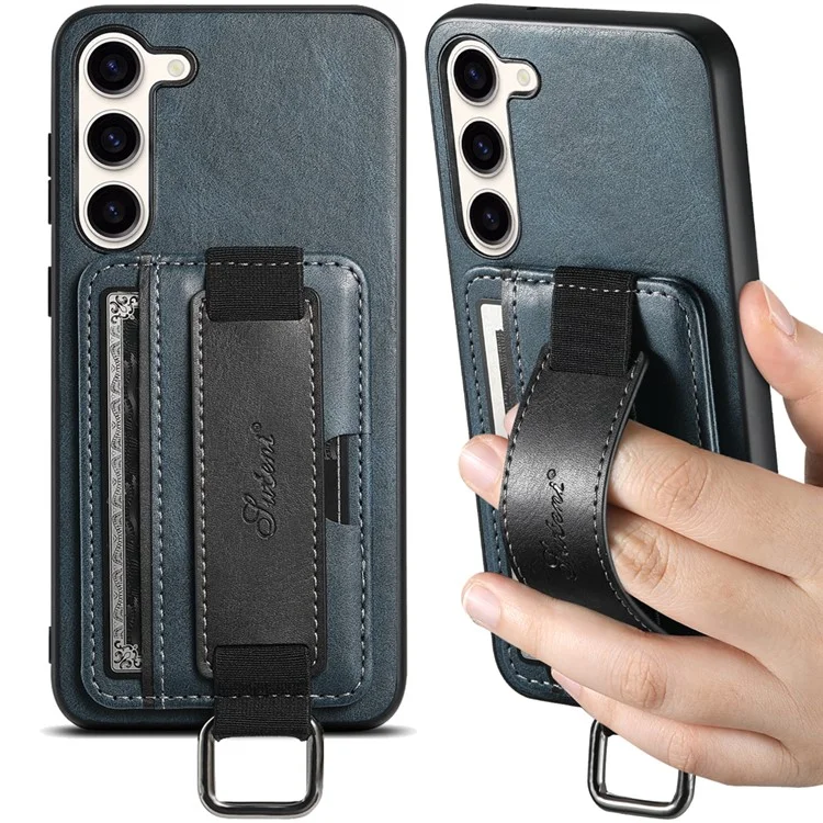 SUTENI H13 Kickstand Back Case für Samsung Galaxy S23 mit Handschlaufe, Kartenfach Leder beschichteter PC+TPU Telefonhülle - Blau