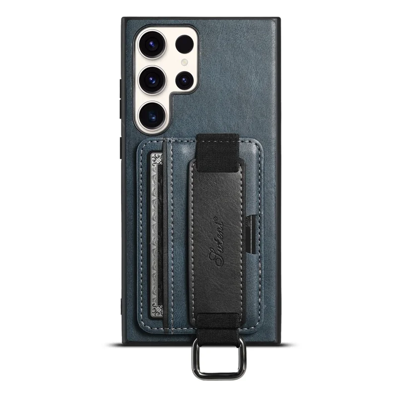 SUTENI H13 For Samsung Galaxy S22 Ultra 5G Card Holder Case Kickstand Leather Coated PC+TPU Phone Cover with Hand Strap - Blue