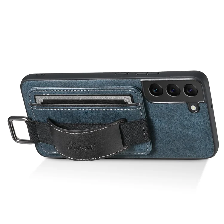 SUTENI H13 For Samsung Galaxy S22 5G Card Holder Leather Coated PC+TPU Case with Hand Strap Kickstand Phone Cover - Blue