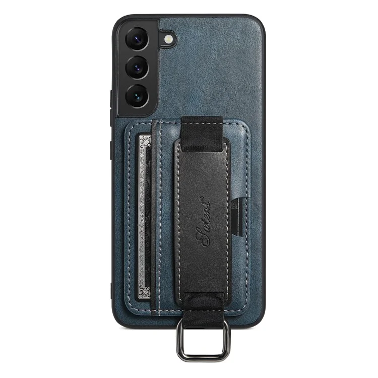 SUTENI H13 For Samsung Galaxy S22 5G Card Holder Leather Coated PC+TPU Case with Hand Strap Kickstand Phone Cover - Blue