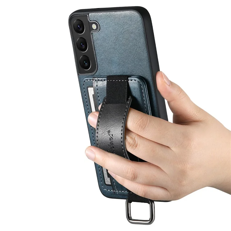 SUTENI H13 For Samsung Galaxy S22 5G Card Holder Leather Coated PC+TPU Case with Hand Strap Kickstand Phone Cover - Blue
