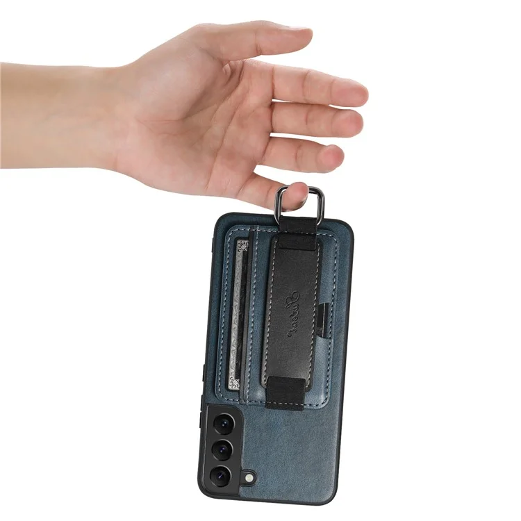 SUTENI H13 For Samsung Galaxy S22 5G Card Holder Leather Coated PC+TPU Case with Hand Strap Kickstand Phone Cover - Blue