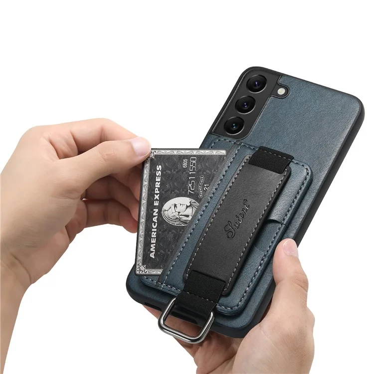 SUTENI H13 For Samsung Galaxy S22 5G Card Holder Leather Coated PC+TPU Case with Hand Strap Kickstand Phone Cover - Blue