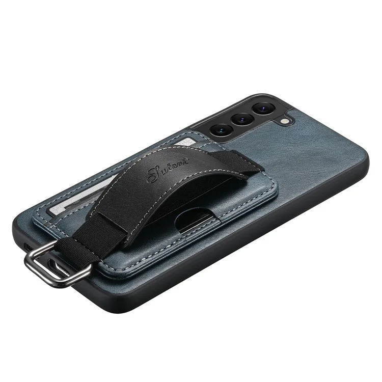 SUTENI H13 For Samsung Galaxy S22 5G Card Holder Leather Coated PC+TPU Case with Hand Strap Kickstand Phone Cover - Blue