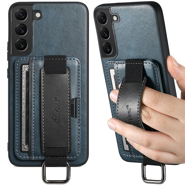 SUTENI H13 For Samsung Galaxy S22 5G Card Holder Leather Coated PC+TPU Case with Hand Strap Kickstand Phone Cover - Blue