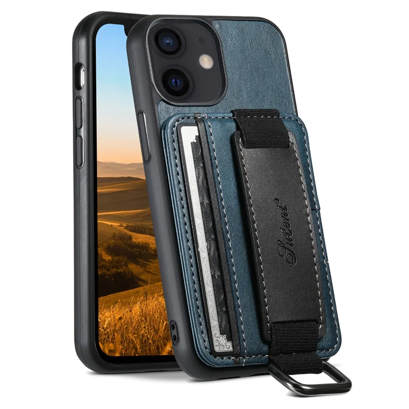 Suteni H13 Para Iphone 12 Mini de 5.4 Pulgadas Case Del Soporte de Tarjeta Con pc Con Correa Para la Correa de Mano Cubierta de Teléfono Con Recubrimiento de Cuero+tpu Tpu - Azul