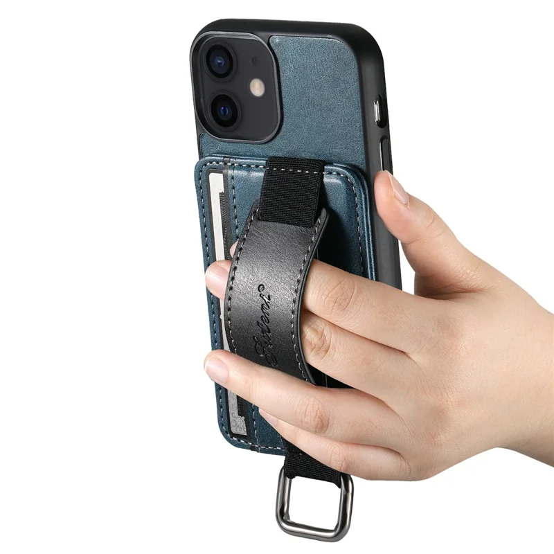 SUTENI H13 For iPhone 12 mini 5.4 inch Card Holder Case with Hand Strap Kickstand Leather Coated PC+TPU Phone Cover - Blue