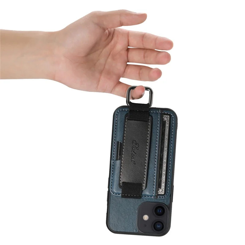 SUTENI H13 For iPhone 12 mini 5.4 inch Card Holder Case with Hand Strap Kickstand Leather Coated PC+TPU Phone Cover - Blue