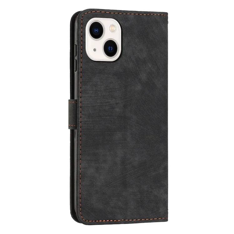 Per iPhone 14 / 13 Stand Leather Phone Case Pelle-touch Lines Imprinted Wallet Cover - Nero