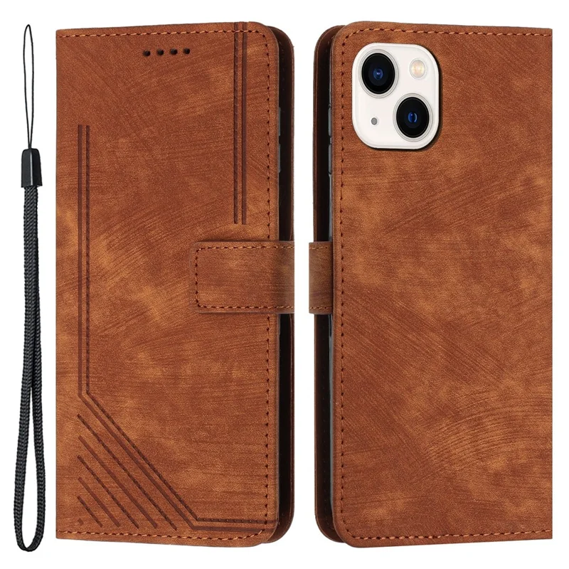 For iPhone 14 / 13 Stand Leather Phone Case Skin-touch Lines Imprinted Wallet Cover - Brown