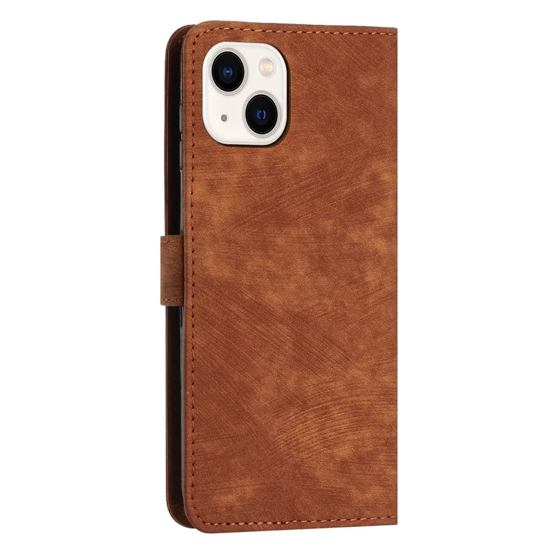 For iPhone 14 / 13 Stand Leather Phone Case Skin-touch Lines Imprinted Wallet Cover - Brown