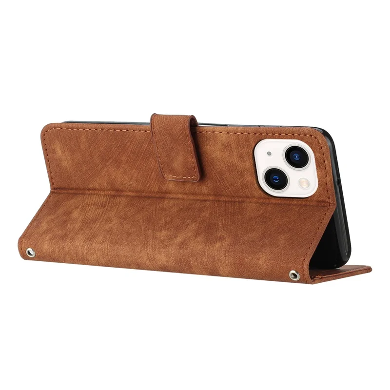 For iPhone 14 / 13 Stand Leather Phone Case Skin-touch Lines Imprinted Wallet Cover - Brown