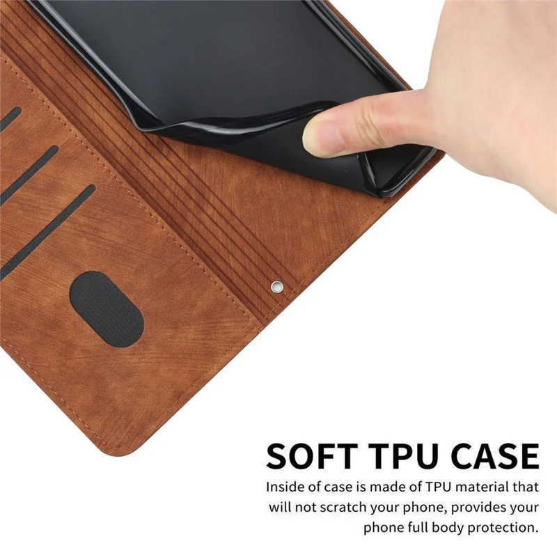 For iPhone 14 / 13 Stand Leather Phone Case Skin-touch Lines Imprinted Wallet Cover - Brown
