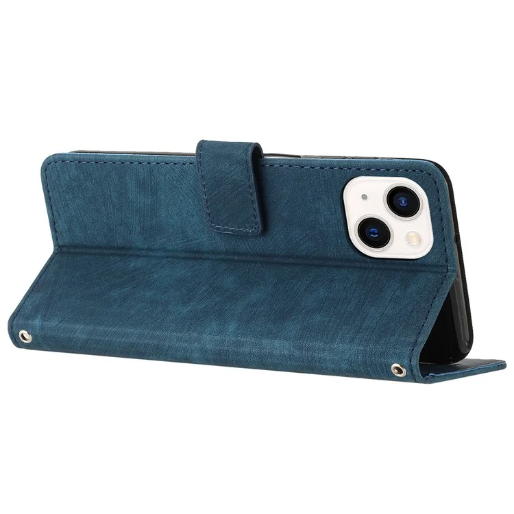 Pour iPhone 14 Plus Flip Folio Cover PU Leather Lines Imprinted Stand Crossbody Wallet Phone Case - Sapphire