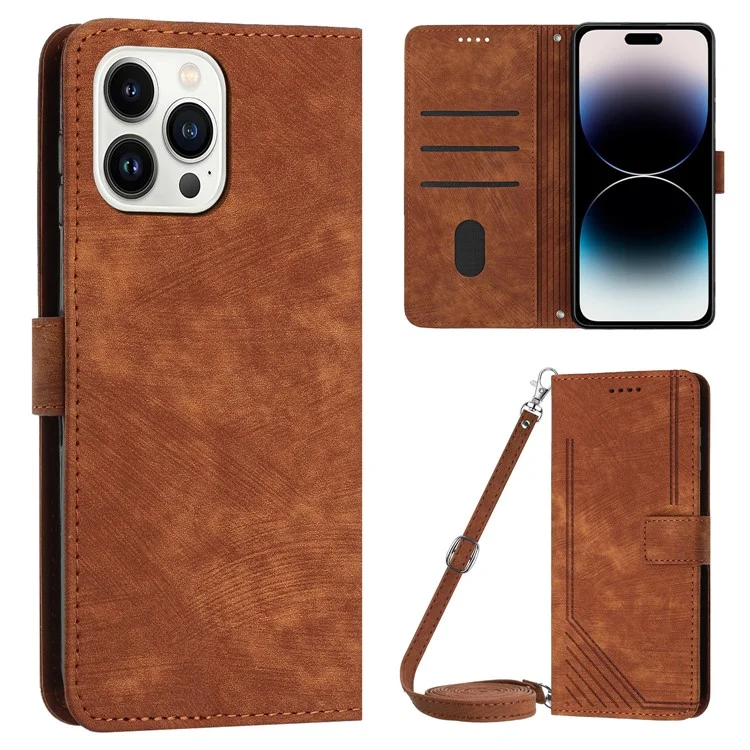 Per iPhone 14 Pro Custodia in pelle PU touch-touch Copertina protettiva Linee impresse Wallet Stand Folio Phone Case - Marrone