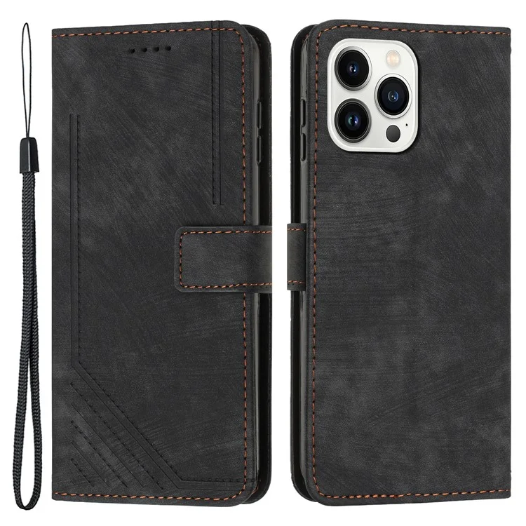 For iPhone 14 Pro Max Phone Stand Case Skin-touch PU Leather Lines Imprinted Wallet Cover - Black