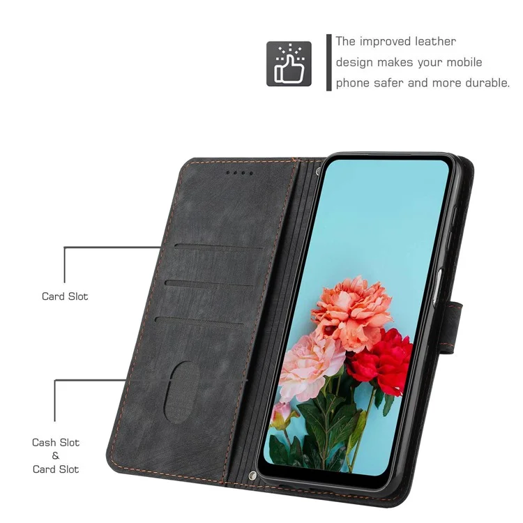 For iPhone 14 Pro Max Phone Stand Case Skin-touch PU Leather Lines Imprinted Wallet Cover - Black