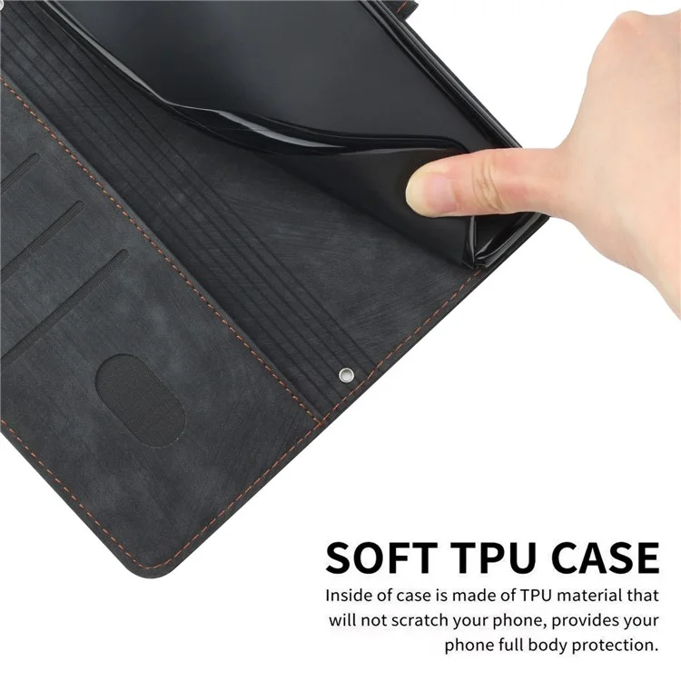 For iPhone 14 Pro Max Phone Stand Case Skin-touch PU Leather Lines Imprinted Wallet Cover - Black