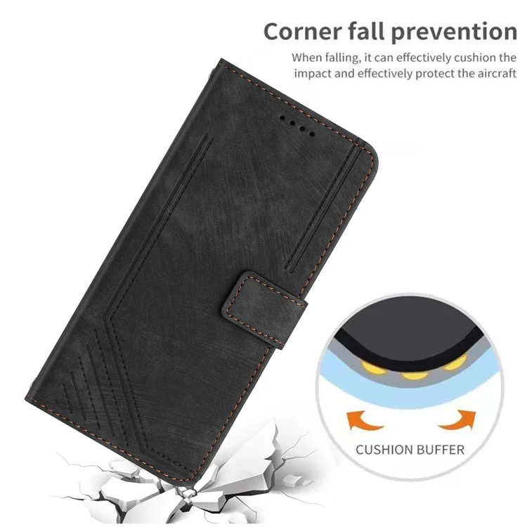 For iPhone 14 Pro Max Phone Stand Case Skin-touch PU Leather Lines Imprinted Wallet Cover - Black